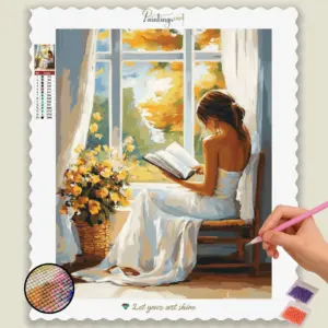 Girl in white Dress reading a book near the window