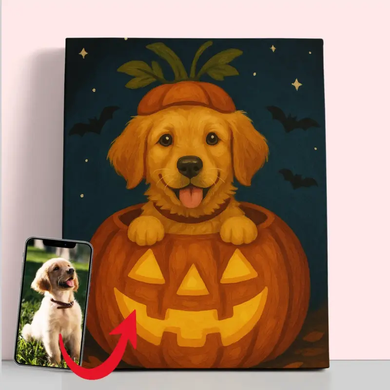 92075-Paint-by-numbers-Diamond-Painting-webp Cute Dog in pumpkin - Custom halloween pet portrait