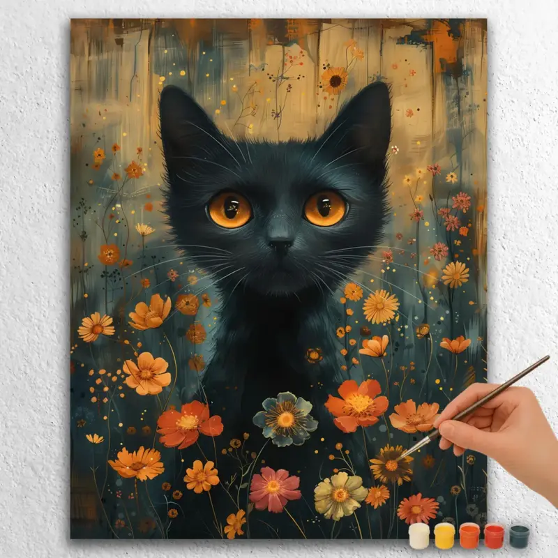 Black Cat and Flowers