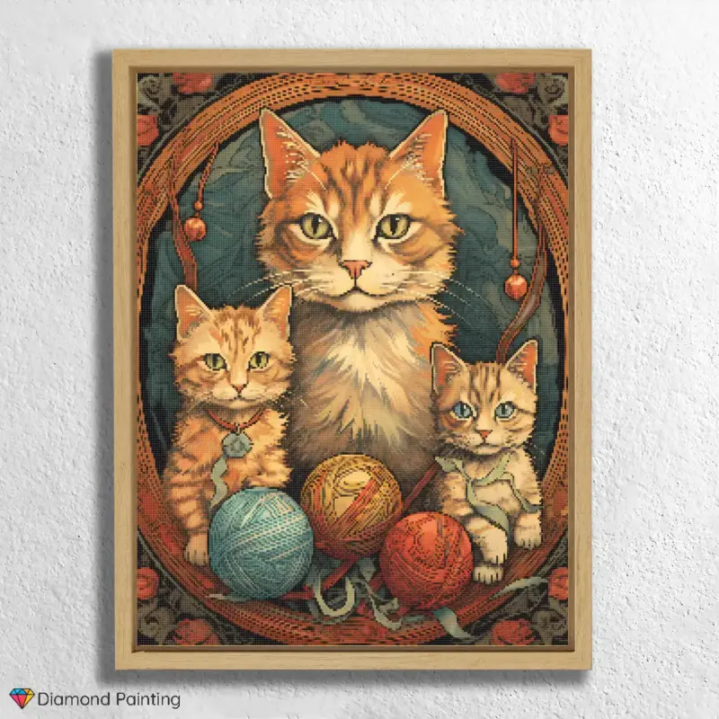 Cat and Kittens with Yarn Balls