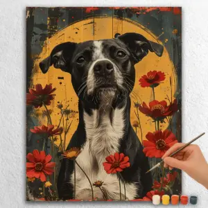 Cute Black Dog and Flowers
