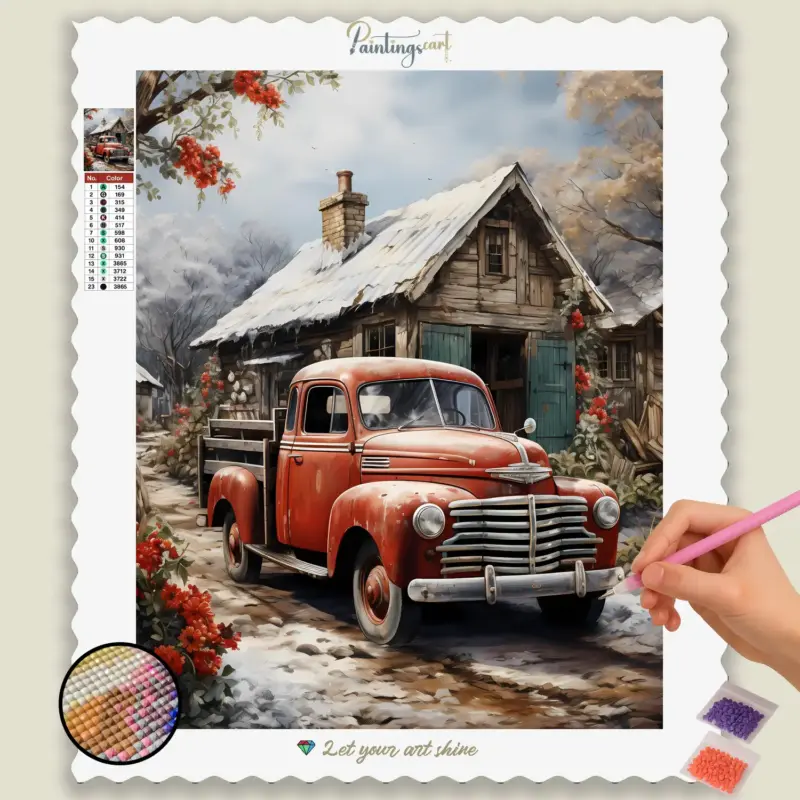 Farm_Christmas_711386_base-diamond-painting-paintingscart Winter House and Vintage Car