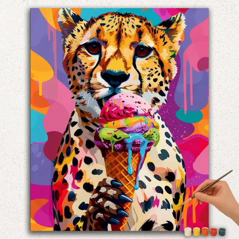 Paint-By-Numbers-DIamond-Painting-Ver-JPE-19 Leopard And Ice-cream - Paint By Numbers