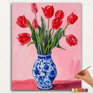Red Tulips in Blue Vase