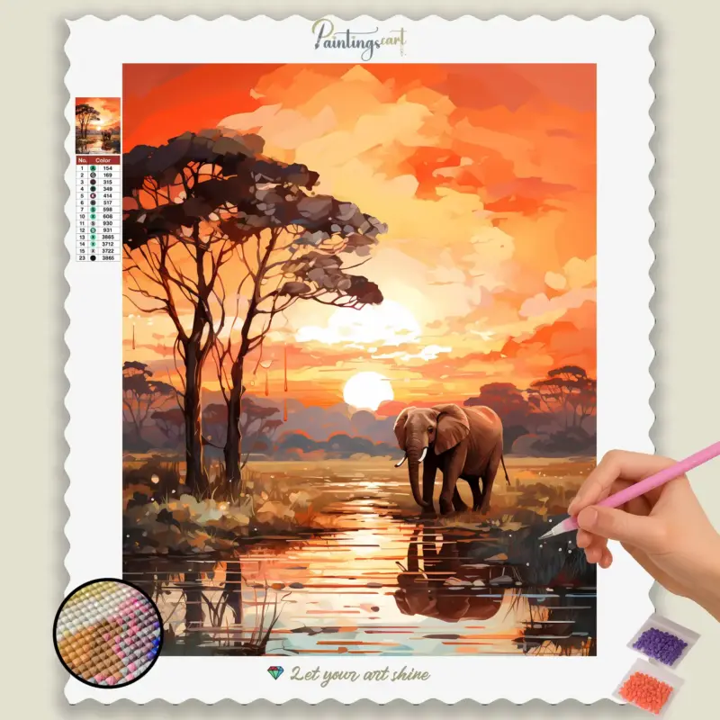 Safari_Spring_113385_base-diamond-painting-paintingscart Elephant in Jungle Sunset
