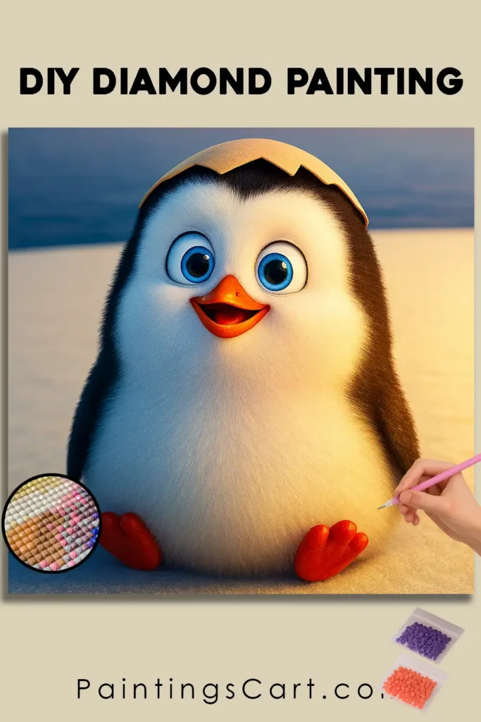 Snowy Sunrise with Joyful Penguin pin diamond painting paintingscart 683x1024 1 DIY paintings - Paint by numbers - Diamond Painting