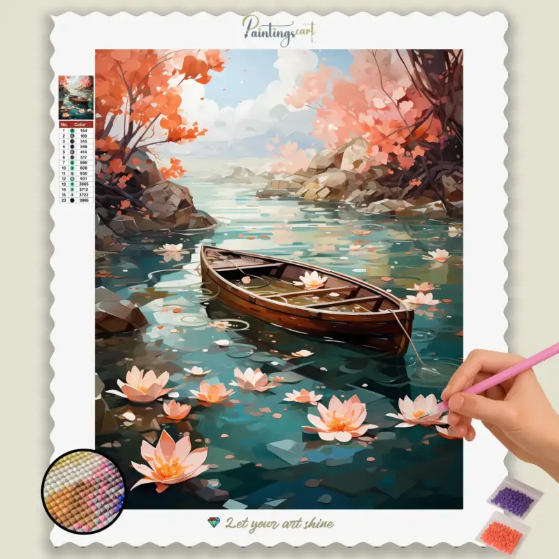 Spring_Origami_793868_base-diamond-painting-paintingscart Flowers and Boat in a Lake