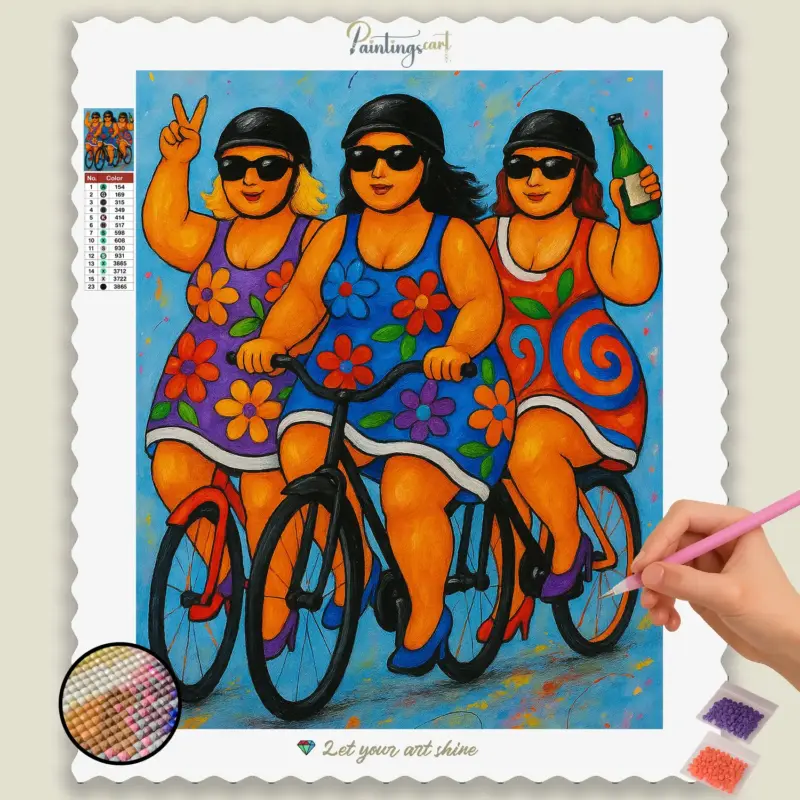 Vibrant_Cycling_Trio_in_Dresses_base-diamond-painting-paintingscart Vibrant_Cycling_Trio_in_Dresses