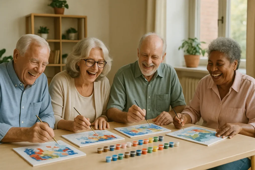 Happy old aged people working on DIY painting Kits